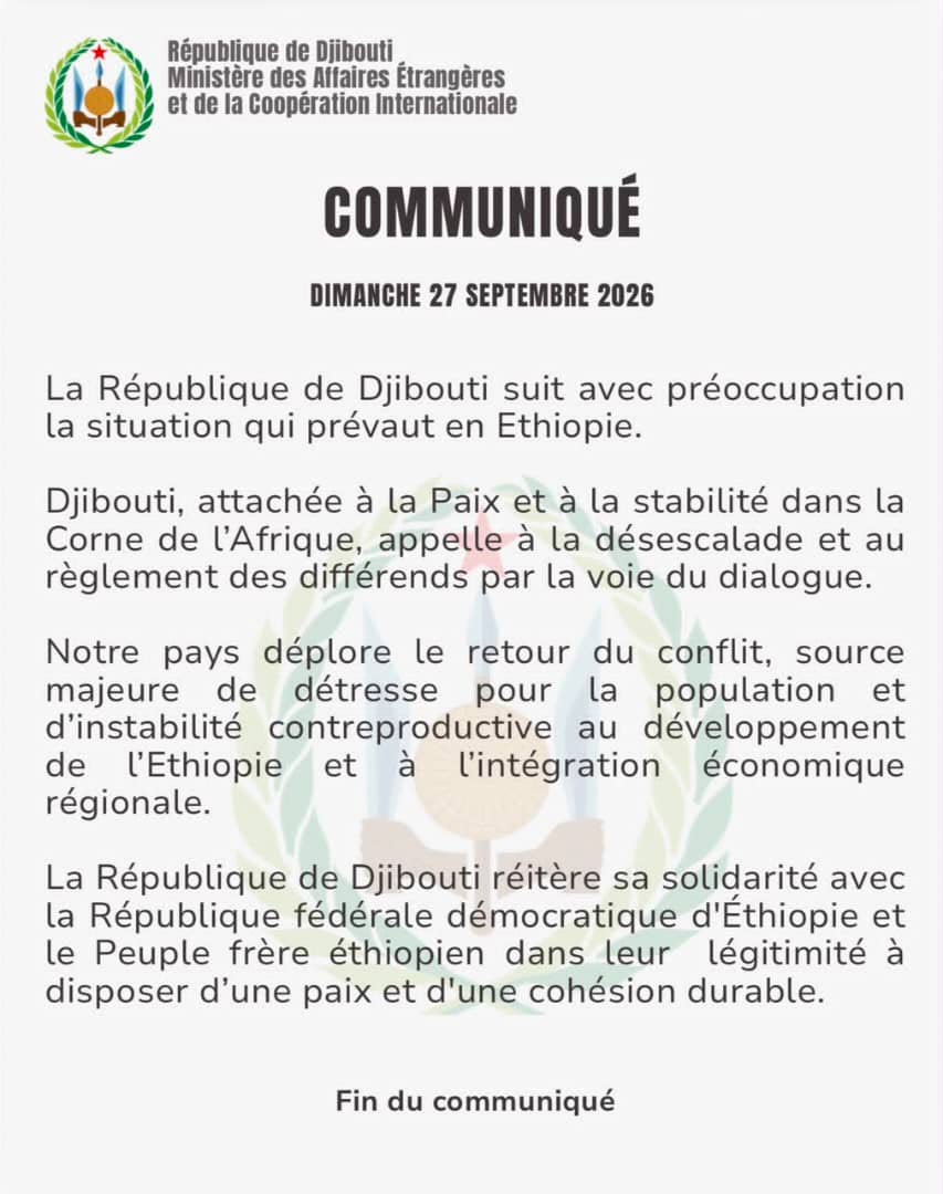 La République de Djibouti suit avec préoccupation l’évolution de la situation en Éthiopie.